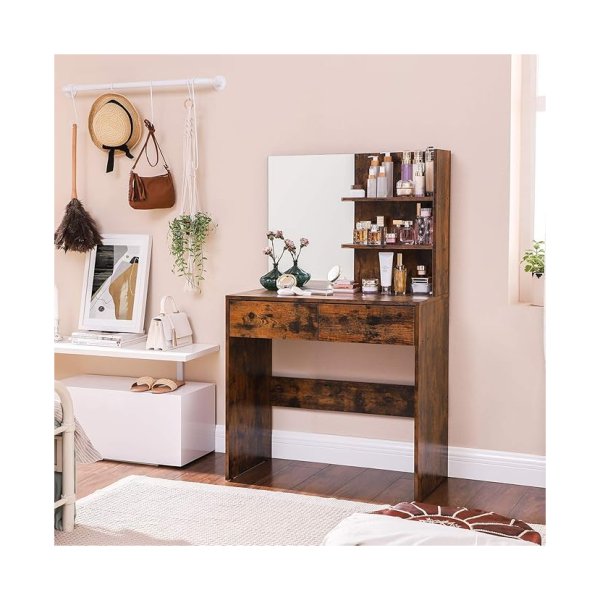 Vintage bruine kaptafel voor slaapkamer met spiegel, 2 lades en open planken