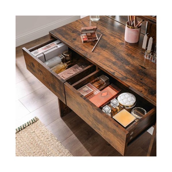 Lades van vintage bruine kaptafel met spiegel en open planken
