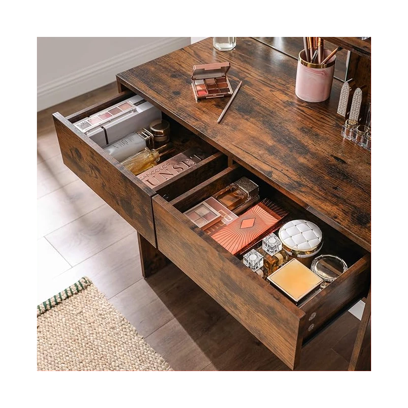 Lades van vintage bruine kaptafel met spiegel en open planken