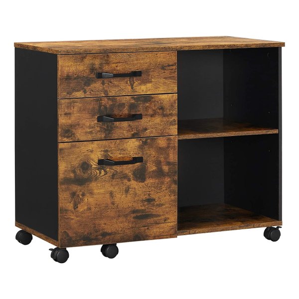 Rolcontainer, Archiefkast, Met Wielen En 3 Laden, Voor Documenten Ä°n DÄ±n A4, Letterformaat, Printerstandaard, Vrij Verplaatsbaar, Ä°ndustrieel Design, Vintage Bruin-Zwart