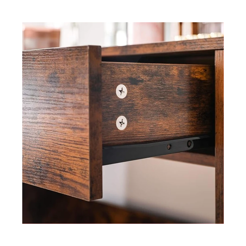 Lade van vintage bruine kaptafel met spiegel en open planken