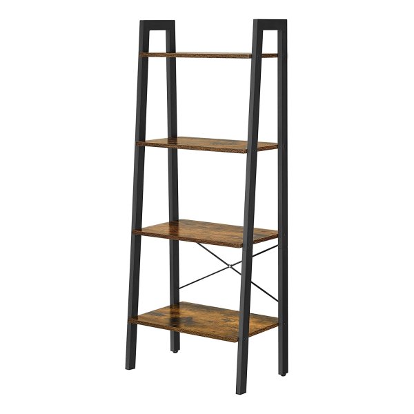 Plank, Boekenkast Met 4 Niveaus, Ladderrek, Staand Rek, Voor Woonkamer, Slaapkamer, Keuken, Thuiskantoor, Ä°ndustrieel Design, Stalen Frame, Vintage Bruin-Zwart