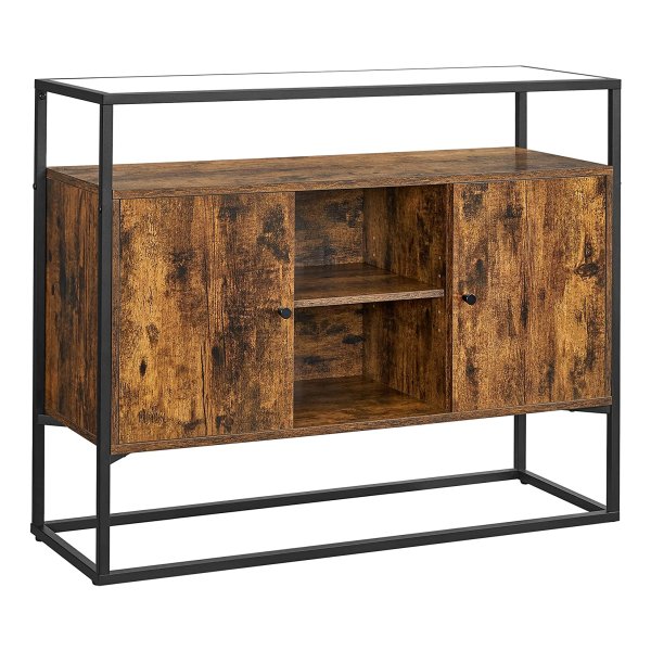 Sideboard, Bijzetkast, Keukenkast, Open Vakken, 100 X 35 X 80 Cm, Stalen Frame, Hardglas, Vintage Bruin-Zwart