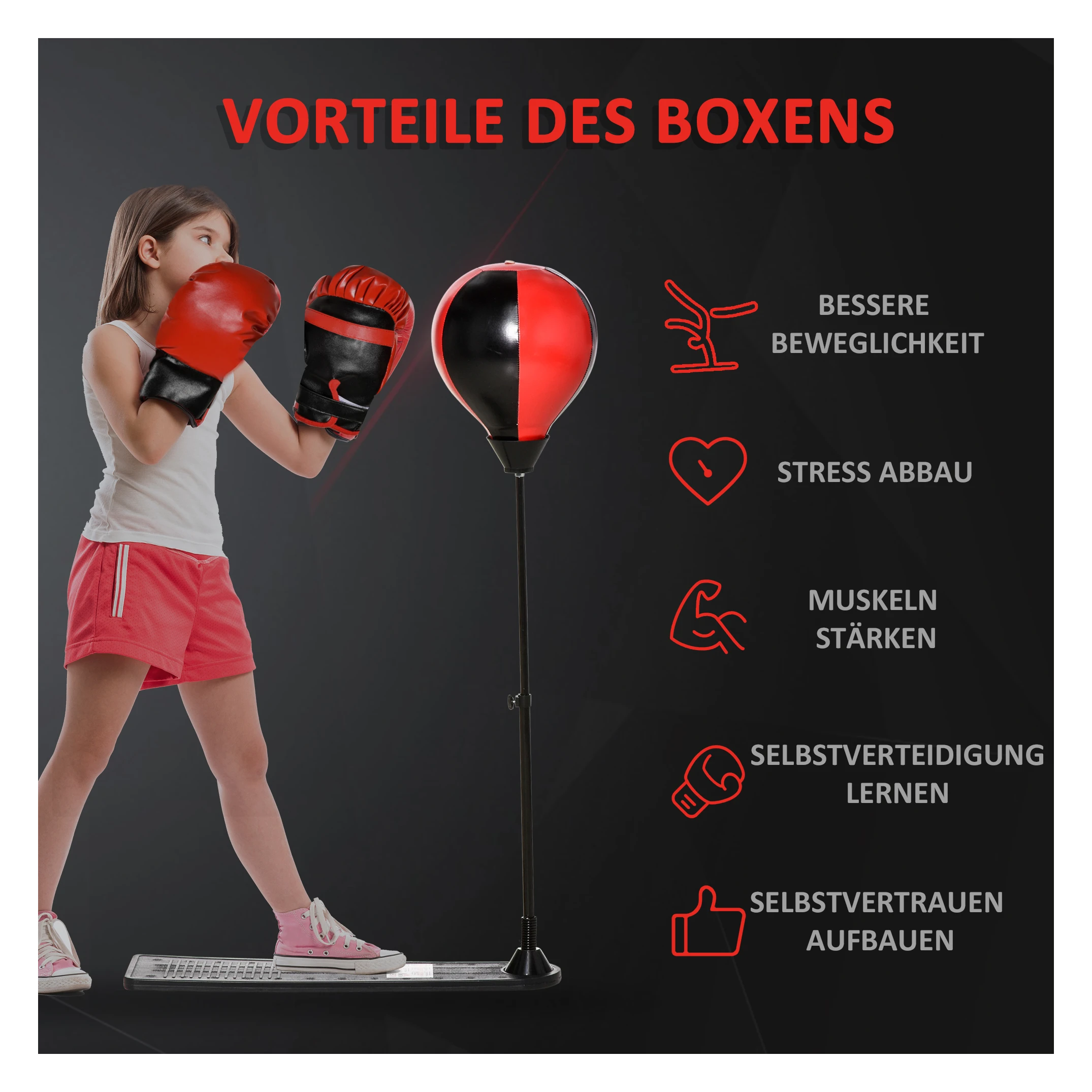 Boksset boksstandaard voor kinderen boksbal set in hoogte verstelbaar 87,5-129,5 cm staande bokszak met bokshandschoenen pomp voor kinderen 5-8 metaal kunstleer zwart + rood - SimpleDeal.nl