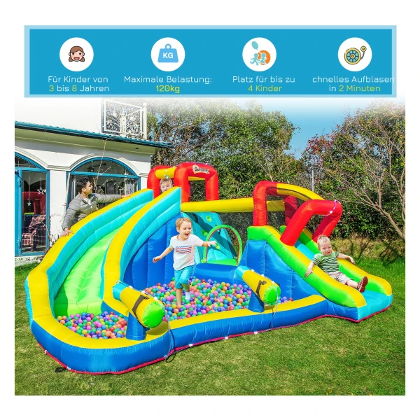 COSTWAY Springkasteel met glijbaan, tunnel, basketbalkorf en ringwerpspel, voor binnen en buiten, incl. kleurrijke ballen, basketbal, reparatieset, 394 x 389 x 194 cm