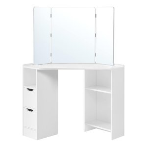 Make-Uptafel, Hoekmake-Uptafel, 3-Delige Klapspiegel, 2 Laden, 3 Open Vakken
