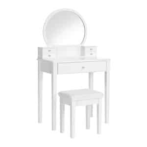 Moderne witte houten kaptafel met spiegel, 5 laden en kruk