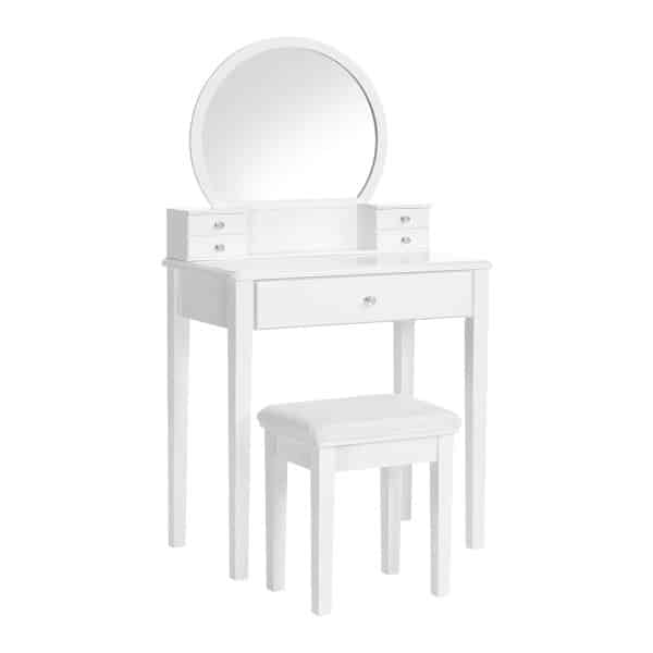 Moderne witte houten kaptafel met spiegel, 5 laden en kruk