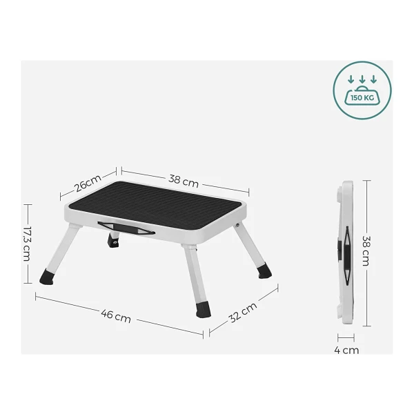 LARS360 Trapladder, inklapbaar, 4 treden, stalen vouwladder met anti-slip treden, 150 kg belastbaar, opvouwbare ladder voor huishouden, keuken, kantoor, ruimtebesparend, slechts 5 cm (zwart wit