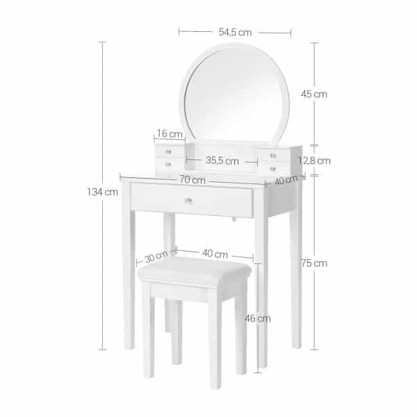Moderne witte houten kaptafel met spiegel, 5 laden en kruk 70 x 40 x 134 cm