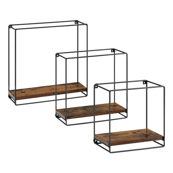 Wandrek, Set Van 3, Wandplank, Zwevende Plank, Metalen Frame, Vintage Bruin-Zwart