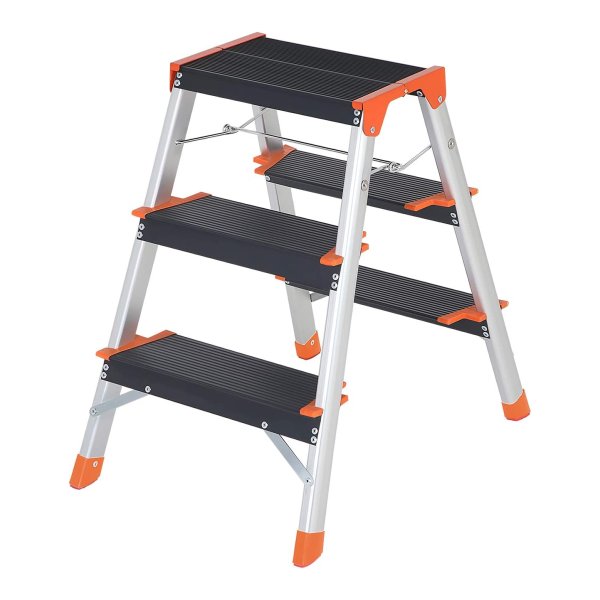 Ladder 3 Treden, Trapladder, Aluminium Ladder, A-Vorm, Dubbelzijdig, 12 Cm Brede Treden Met Ribbels, Huishoudladder, Antislip Voeten