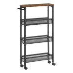 Rolwagentje, 4 Niveaus, Smalle Keukenwagen, Nicherek, Keukenrek Op Wielen, Stalen Frame, Handvat, Voor Kleine Ruimtes, Keuken, Badkamer, Woonkamer, Werkkamer, Vintage Bruin-Zwart