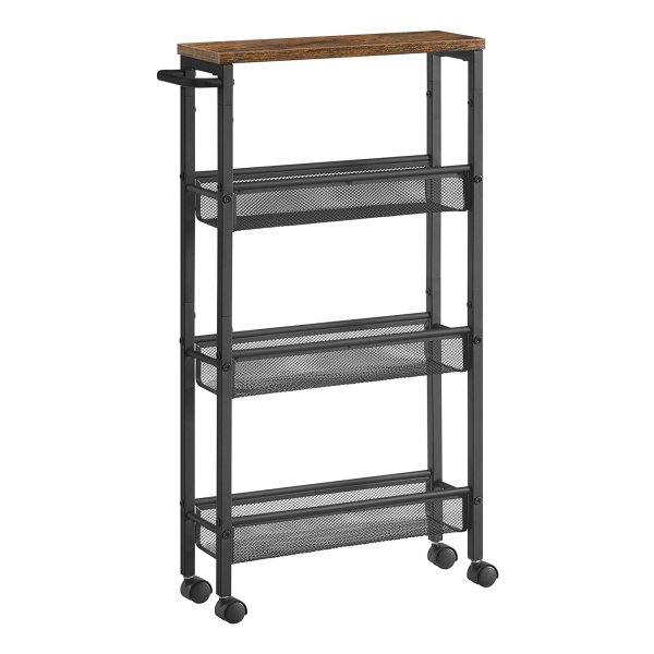 Rolwagentje, 4 Niveaus, Smalle Keukenwagen, Nicherek, Keukenrek Op Wielen, Stalen Frame, Handvat, Voor Kleine Ruimtes, Keuken, Badkamer, Woonkamer, Werkkamer, Vintage Bruin-Zwart
