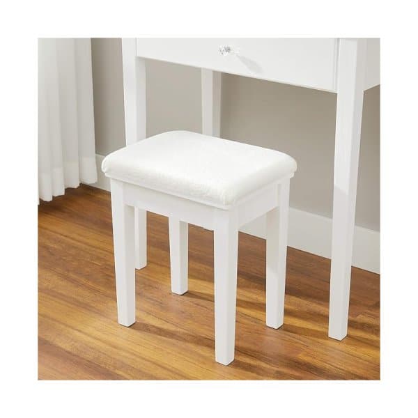Comfortabele kruk voor moderne witte houten kaptafel met spiegel en 5 lades
