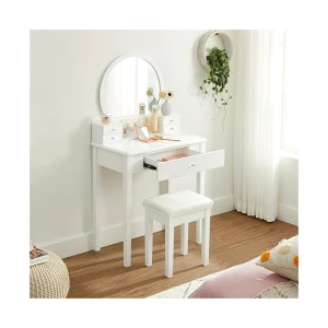 Moderne witte houten kaptafel voor in je slaapkamer voor make-up met spiegel, 5 laden en kruk