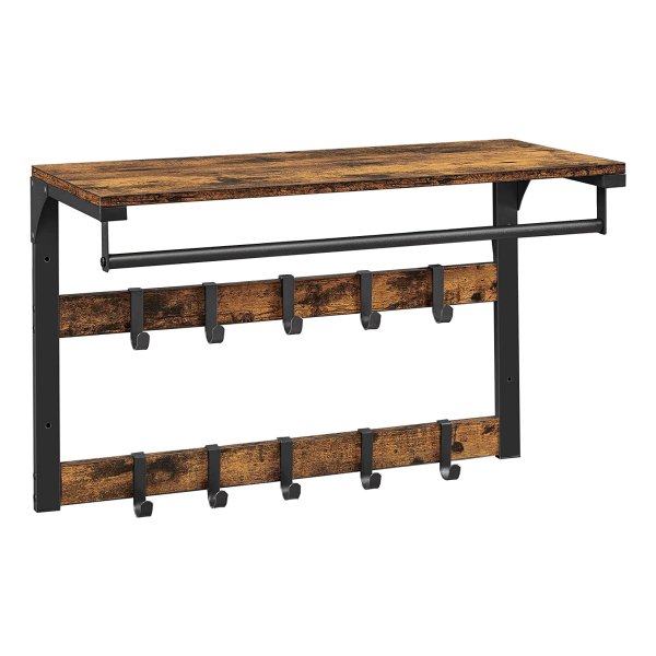Wandgarderobe, Met Plank, Wandrek Met 10 Afneembare Haken, Hangrek, Wandmontage, 2 Garderobelijsten, Kledingstang, Voor Hal, Slaapkamer, Badkamer, Vintage Bruin-Zwart