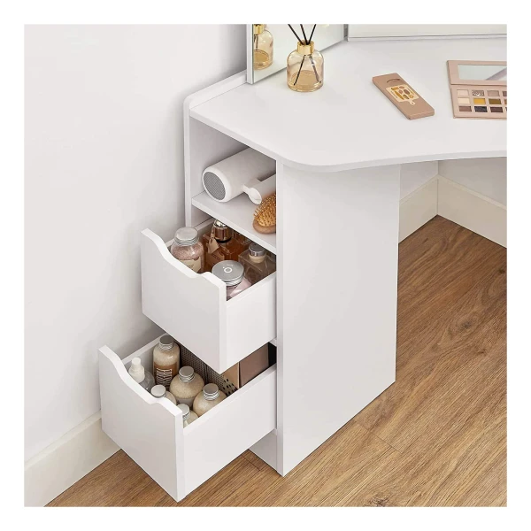 Make-uptafel, hoekmake-uptafel, 3-delige klapspiegel, 2 laden, 3 open