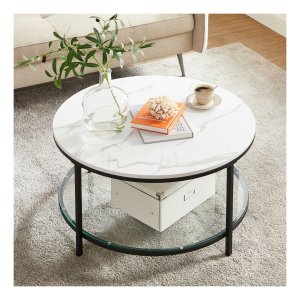 Salontafel, woonkamertafel, banktafel, met glasplaat, veel opbergruimte, moderne stijl, witte marmerlook, zwart frame