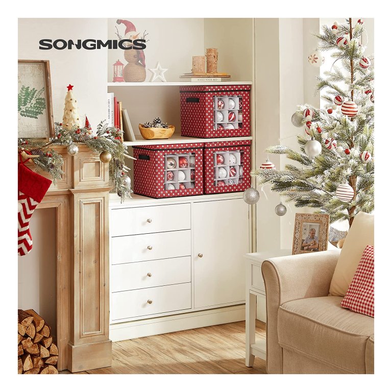 SONGMICS Opbergdozen voor kerstballen, set van 2, dozen voor kerstversiering, 128 vakken, uitneembare inlegvakken, elk 34,5 x 34,5 x 34 cm, halftransparant rood RFB029T02
