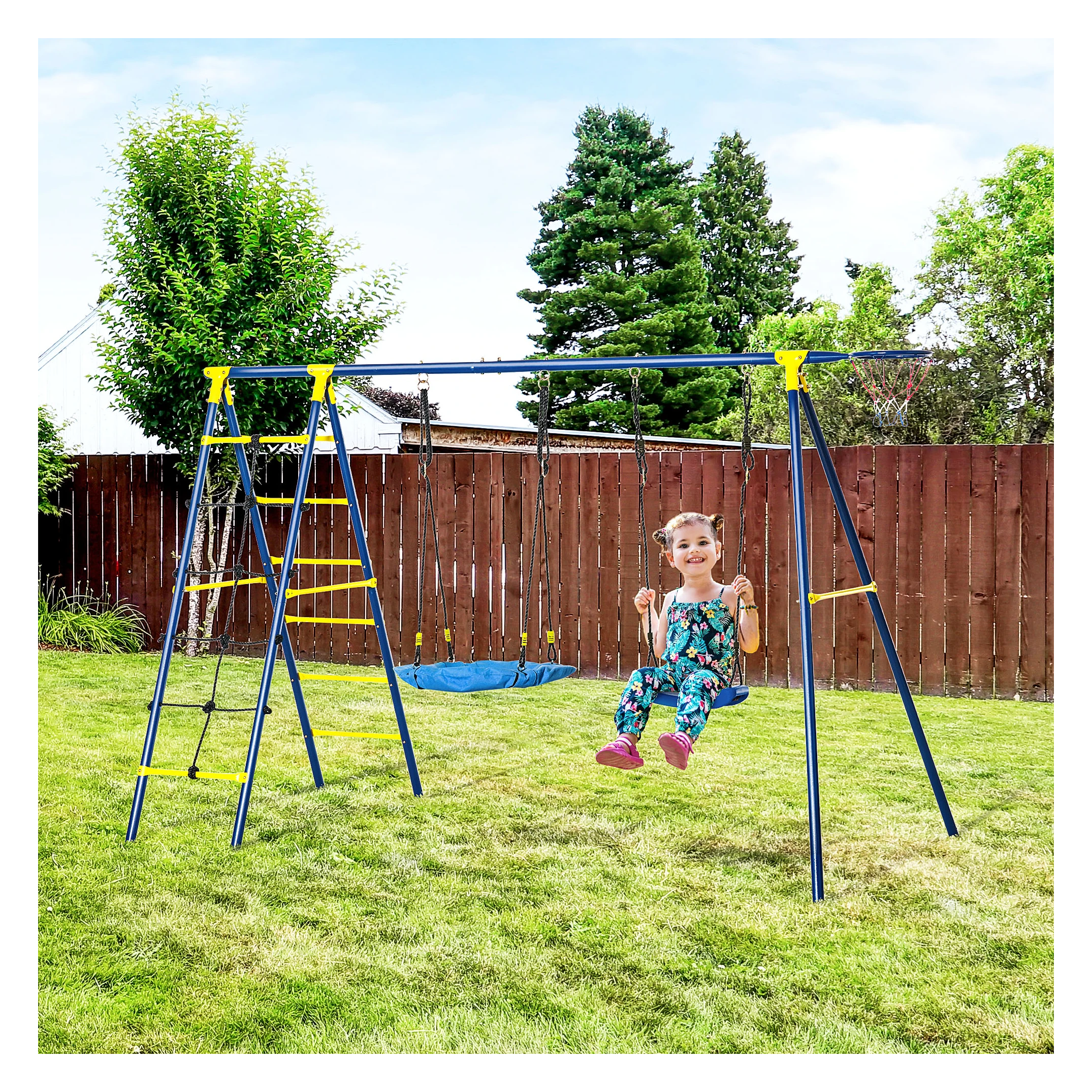 ZAZA Home kinderschommel tuinschommel met metalen frame netschommel schommelframe schommelset schommel met tot 4 kinderen 285 x 138 x 175 cm - SimpleDeal.nl