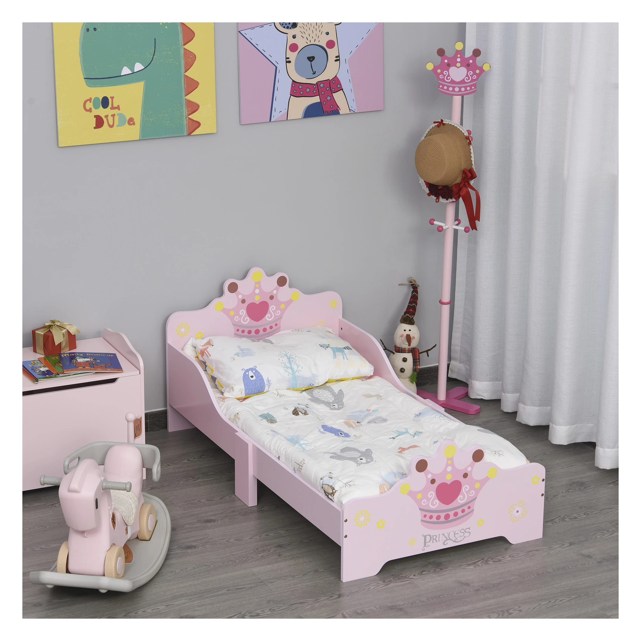 Kinderbed met prinsessenmotief met valbeveiliging 3-6 jaar, meisjesbed, houten bed voor kinderkamer, populierenhout, 143 x 73 60 - SimpleDeal.nl
