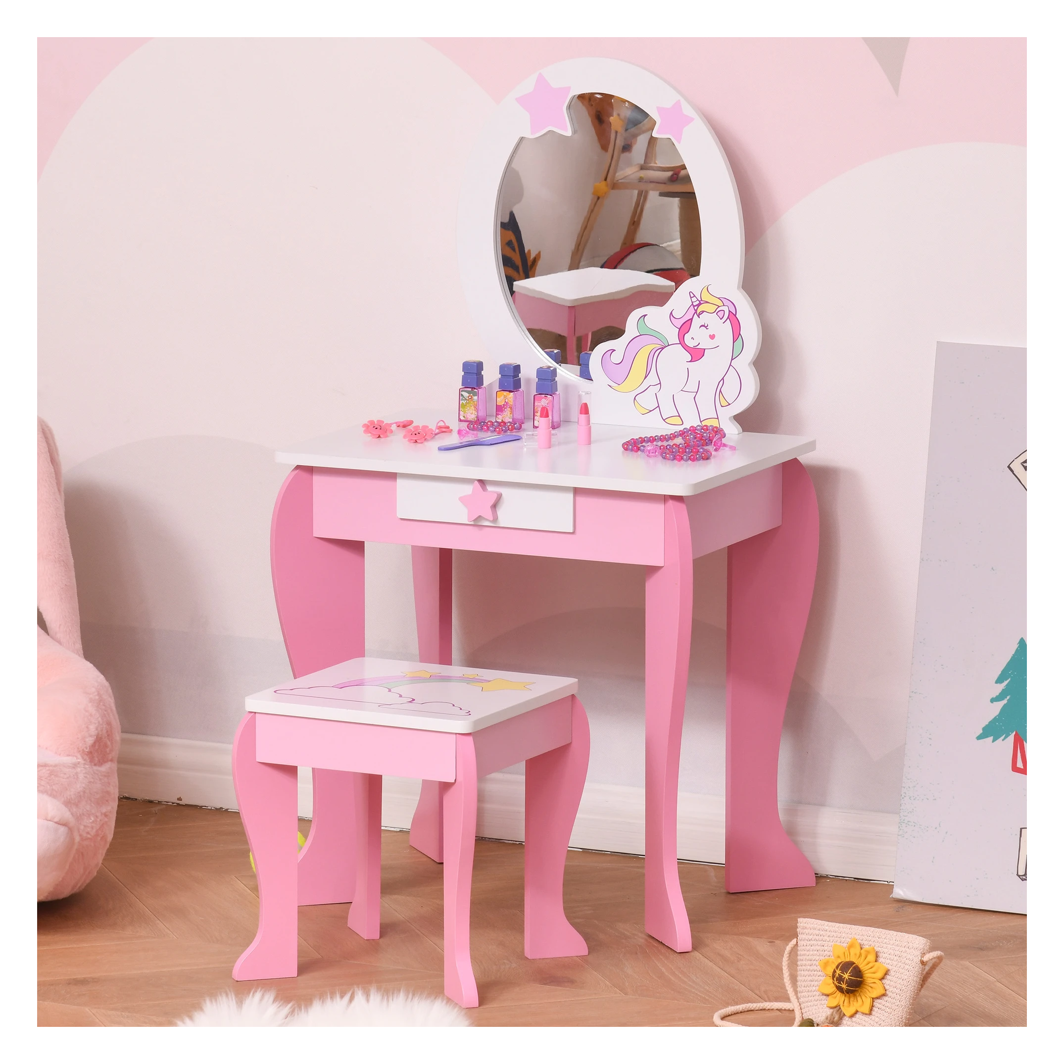 Set van 2 kinderkaptafel met kruk kaptafel met lade spiegel 3-8 jaar MDF acryl roze + 49 x 34 x 90 cm - SimpleDeal.nl