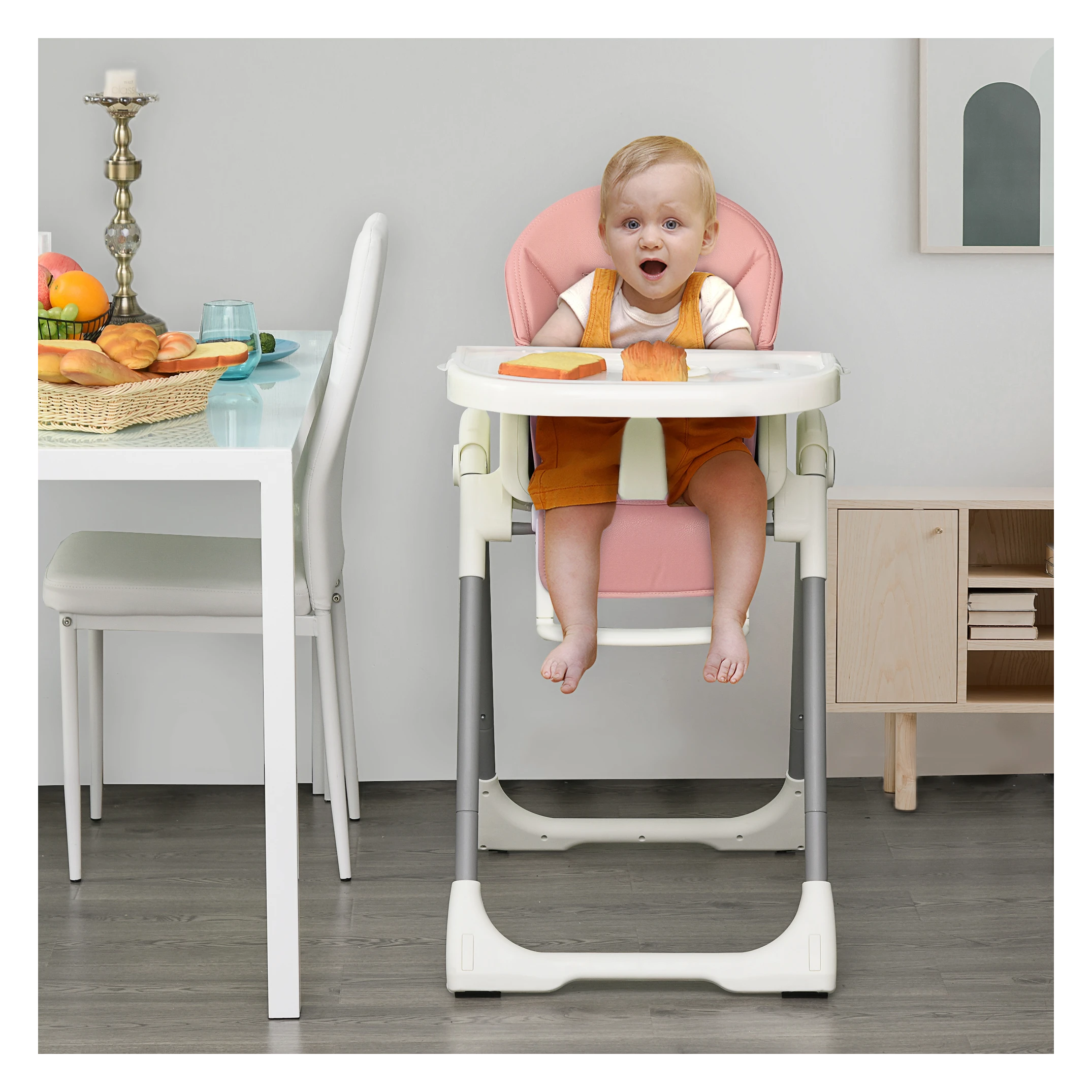 Hoge babystoel kinderstoel met voetensteun kinderstoel tafel met afneembaar plateau in hoogte verstelbaar voor 6-36 maanden PP staal roze 55 x 80 x 104 cm - SimpleDeal.nl