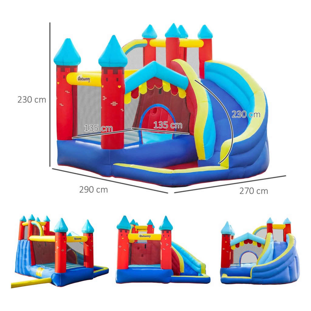 COSTWAY Springkasteel Met Ventilator, Kinderbadje, Springslot Glijbaan Outdoor Bouncer Incl Draagtas En Grondpalen 393 X 207 270 Cm 1661803779