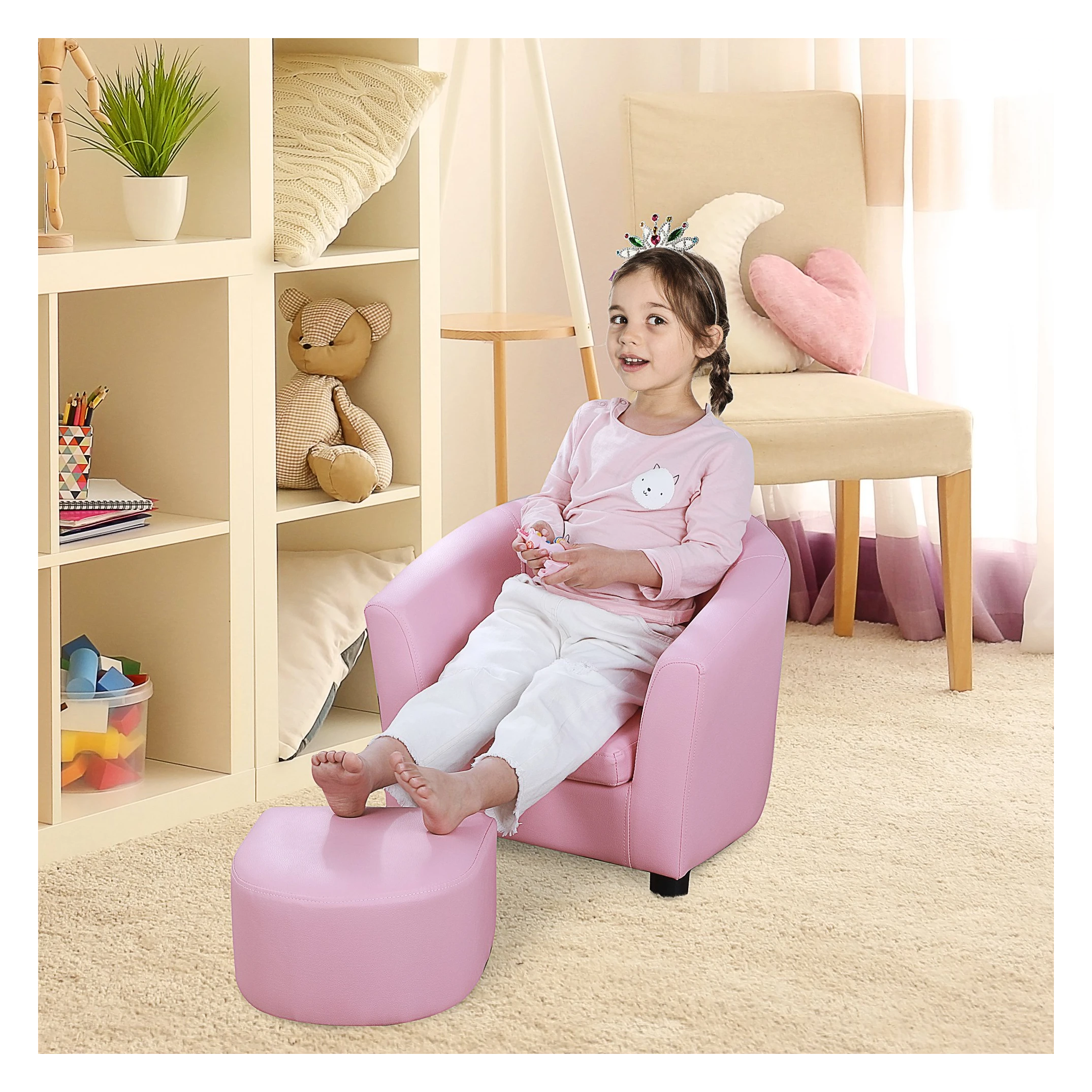 Nauwgezet les Markeer Kinderstoel met poef, mini-stoel, bank voor de kinderkamer, kinderbank,  kindermeubilair, voor 3-6 jaar, meisjes, roze, 51 x 39 x 41,5 cm -  SimpleDeal.nl
