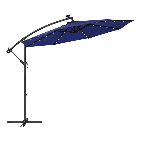 Parasol Met Led-Verlichting Op Zonne-Energie, Verkeerslichtparasol, Tuinparasol, 32 Led-Lampjes, Ø 3 M, Met Standaard, Uv-Bescherming Tot Upf 50+, Met Zwengel, Voor Tuin, Terras, Marineblauw