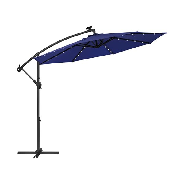 Parasol Met Led-Verlichting Op Zonne-Energie, Verkeerslichtparasol, Tuinparasol, 32 Led-Lampjes, Ø 3 M, Met Standaard, Uv-Bescherming Tot Upf 50+, Met Zwengel, Voor Tuin, Terras, Marine Blauw
