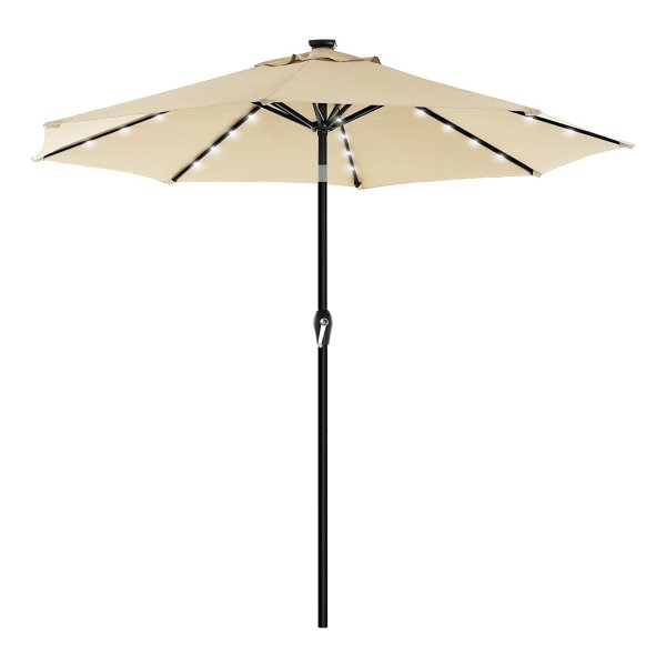 Parasol Met Led-Verlichting Op Zonne-Energie, Tuinparasol Ø 270 Cm, Uv-Bescherming Tot Upf 50+, Buigbaar, Met Zwengel Om Te Openen En Te Sluiten, Zonder Standaard, Beige