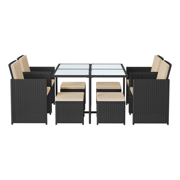 Tuinmeubelset Polyrattan Lounge, Eetkamermeubels, Eettafel En Stoelen, Set Van 9, Pe Rotan, Terrasmeubels, Ruimtebesparend, Zwart-Beige