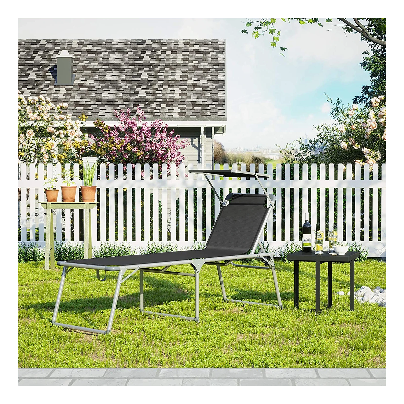 zomer legering herberg Zonneligstoel, ligstoel, tuinstoel, met zonnedak, rugleuning verstelbaar,  inklapbaar, licht, 55 x 193 x 31 cm, tot 150 kg belastbaar, tuin, balkon en  terras, zwart - SimpleDeal.nl
