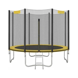 Trampoline, Ø 305 cm, ronde tuintrampoline met veiligheidsnet, ladder en gepolsterde stokken, veiligheidshoes, veilig, buiten, geel