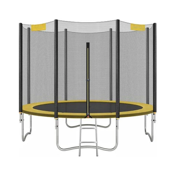 Trampoline, Ø 305 cm, ronde tuintrampoline met veiligheidsnet, ladder en gepolsterde stokken, veiligheidshoes, veilig, buiten, geel