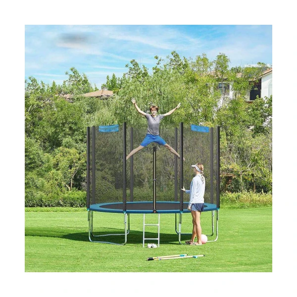 buiten, donkerblauw, ladder en gepolsterde stokken, Ø 366 cm, rond tuin trampoline, trampoline, veilig, veiligheidshoes, veiligheidsnet