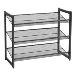 Schoenenrek met 3 niveaus, schoenenstandaard met metalen roosterplanken, plat of schuin monteerbaar, stapelbaar, voor 9 tot 12 paar schoenen, Zwart