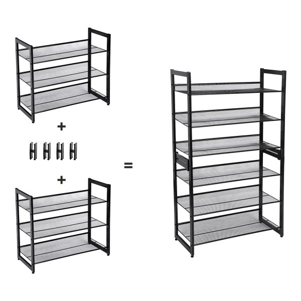 Schoenenrek met 3 niveaus, schoenenstandaard met metalen roosterplanken, plat of schuin monteerbaar, stapelbaar, voor 9 tot 12 paar schoenen, Zwart