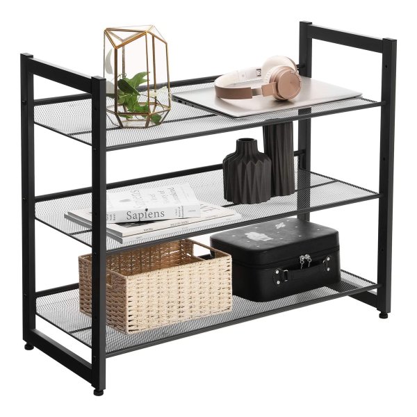 Schoenenrek met 3 niveaus, schoenenstandaard met metalen roosterplanken, plat of schuin monteerbaar, stapelbaar, voor 9 tot 12 paar schoenen, Zwart