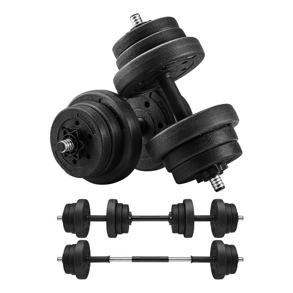 2-İn-1 Halterset, 2 X 10 Kg Verstelbare Halters Met Extra Lange Halterstang, Halterschijven Met Kunststof Coating, Fitnessoefeningen, Homegym, Zwart