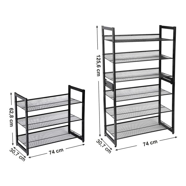 Schoenenrek met 3 niveaus, schoenenstandaard met metalen roosterplanken, plat of schuin monteerbaar, stapelbaar, voor 9 tot 12 paar schoenen, Zwart