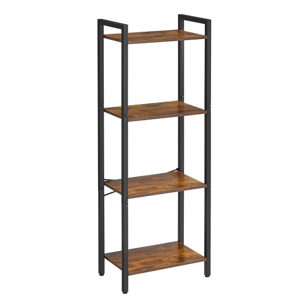 Planchet, Staande Plank Met 4 Etages, Boekenkast, Opbergrek, Stalen Frame, Vintage Bruin-Zwart
