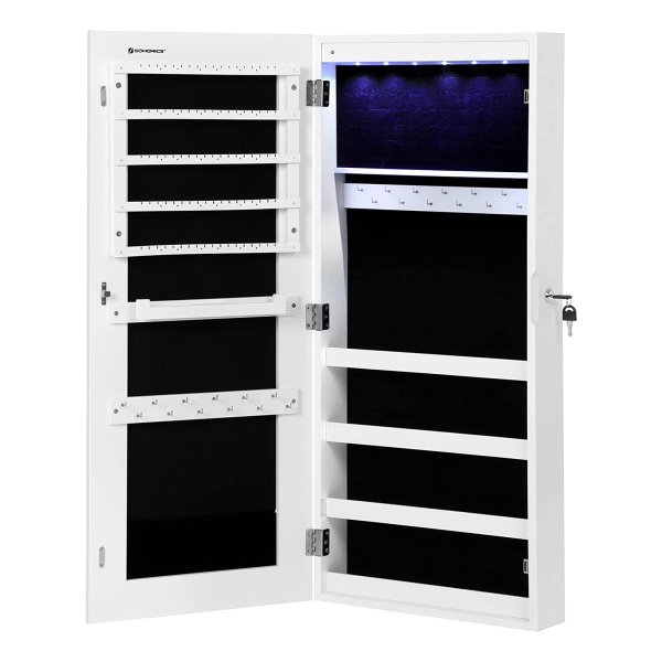 Sieradenkast Met Spiegel, Hangend, Spiegelkast Met Ledverlichting, Wandkast Met Full-Body Spiegel, Wandmontage, Aan De Deur Hangend, Cadeau, Wit