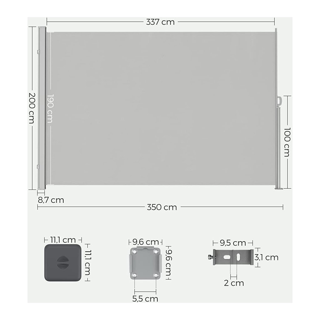 LARMNEE Aluminium zijluifel, uittrekbaar, 180 x 400 cm, inkijkbescherming, zonwering, ondoorzichtig, zijrolgordijn voor balkon, terras, tuin, antraciet EBK184BP02