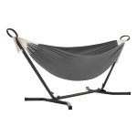 Hangmat Met Frame, 210 X 150 Cm, Op 5 Verschillende Hoogtes Verstelbaar, Metalen Frame, Tot 240 Kg Belastbaar, Voor Tuin, Zwart Frame En Grijze Hangmat
