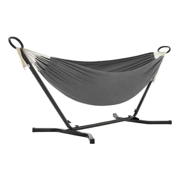 Hangmat Met Frame, 210 X 150 Cm, Op 5 Verschillende Hoogtes Verstelbaar, Metalen Frame, Tot 240 Kg Belastbaar, Voor Tuin, Zwart Frame En Grijze Hangmat
