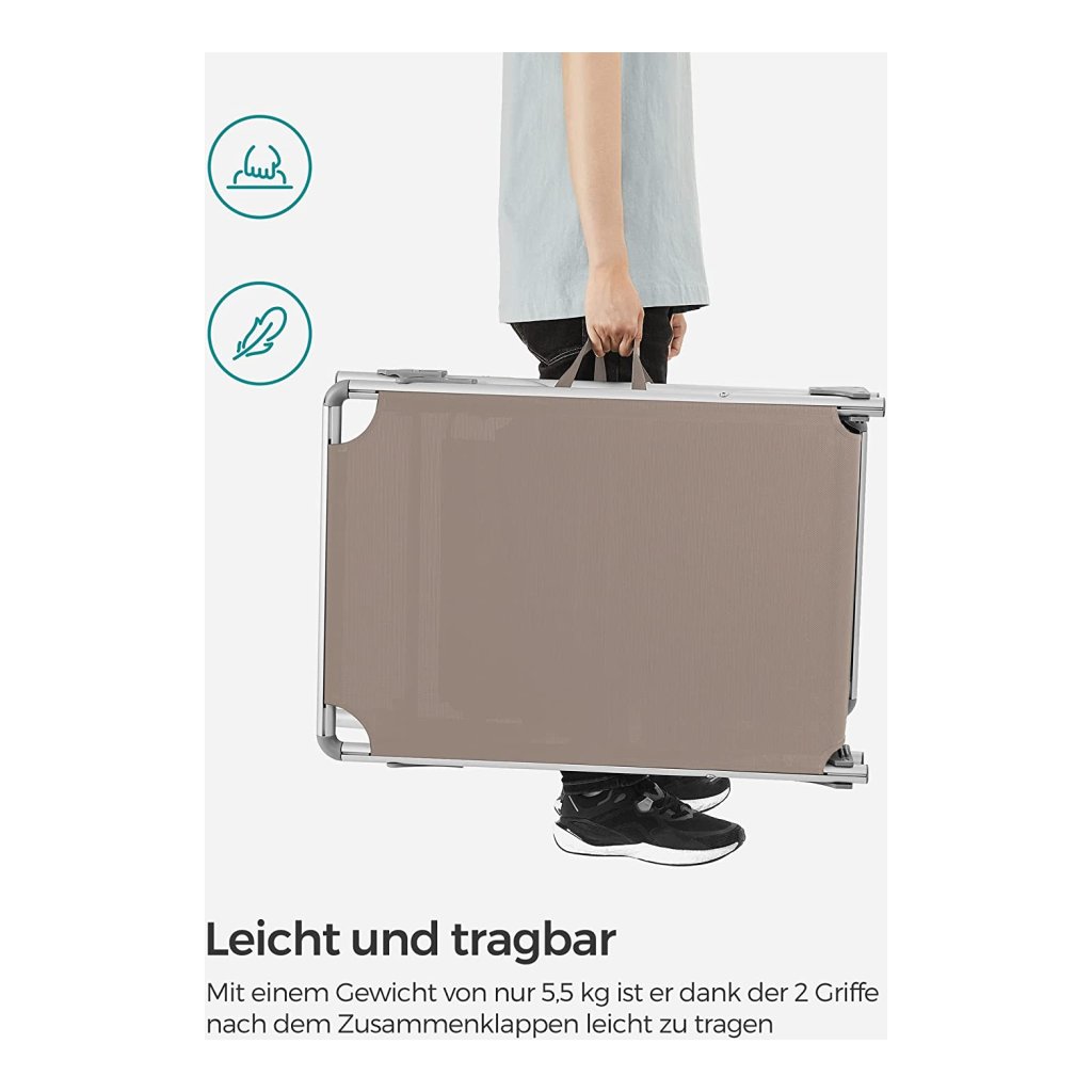 Homecall Ligstoel, licht, inklapbaar, aluminium ligstoel, strandstoel, 1- delig, 5-voudig verstelbare rugleuning, 190 x 60 cm, zonnedak, tot 136 kg (met zonnedak, grijs