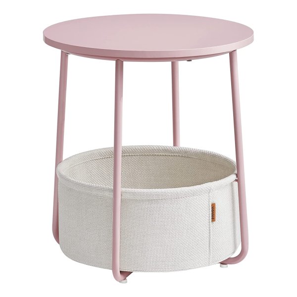 Bijzettafel Rond, Kleine Tafel, Salontafel Klein, Woonkamertafel Met Mand Van Stof, Opbergruimte Voor Woonkamer, Slaapkamer, Nachtkastje, Modern, Pastelroze-Wolkenwit